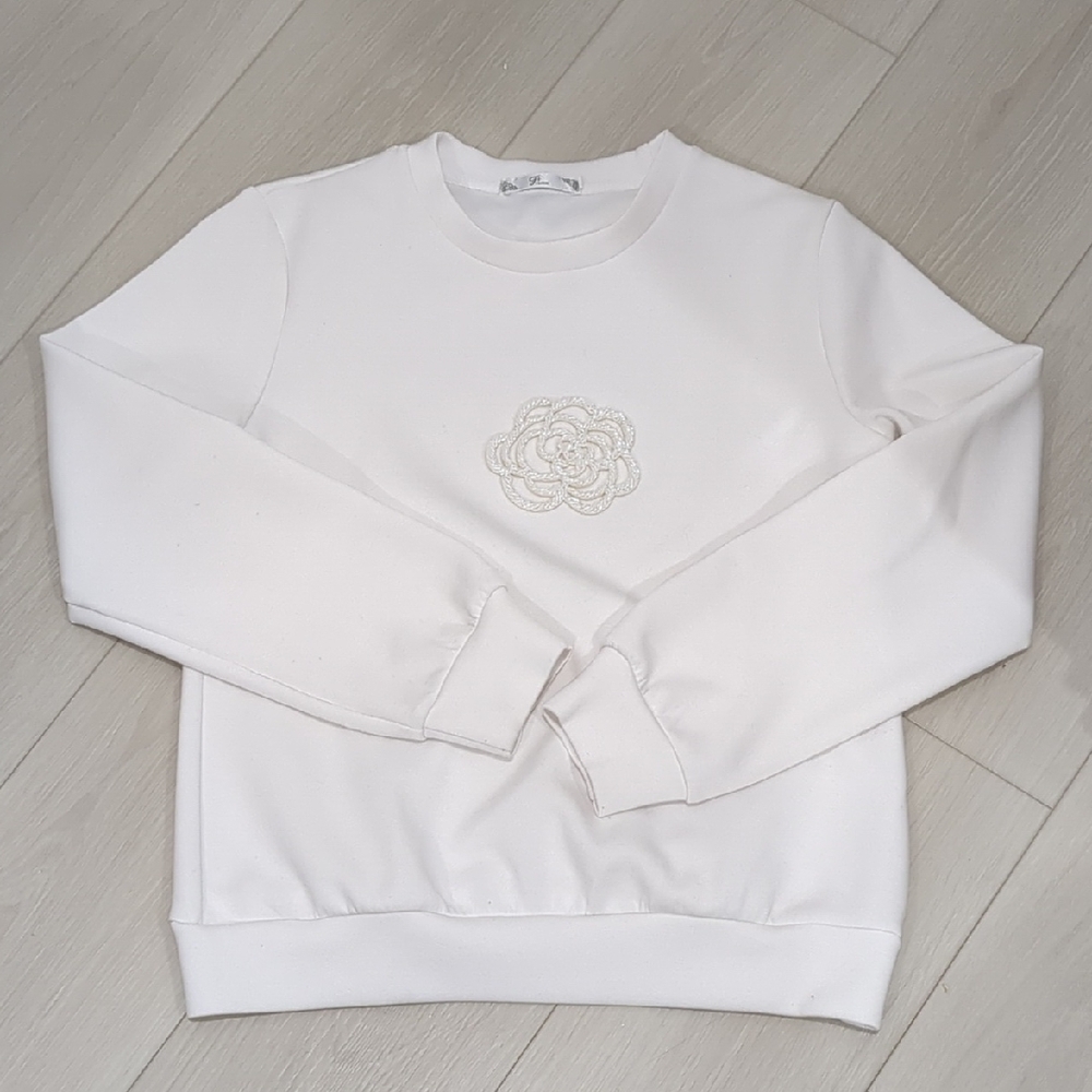 Size Small Chanel Inspired Crewneck Sweatshirt with Embroidered Floral Motif